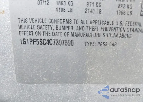 2012 Chevrolet Cruze 1Lt z USA, uszkodzony, nr VIN 1G1PF5SC4C7397590